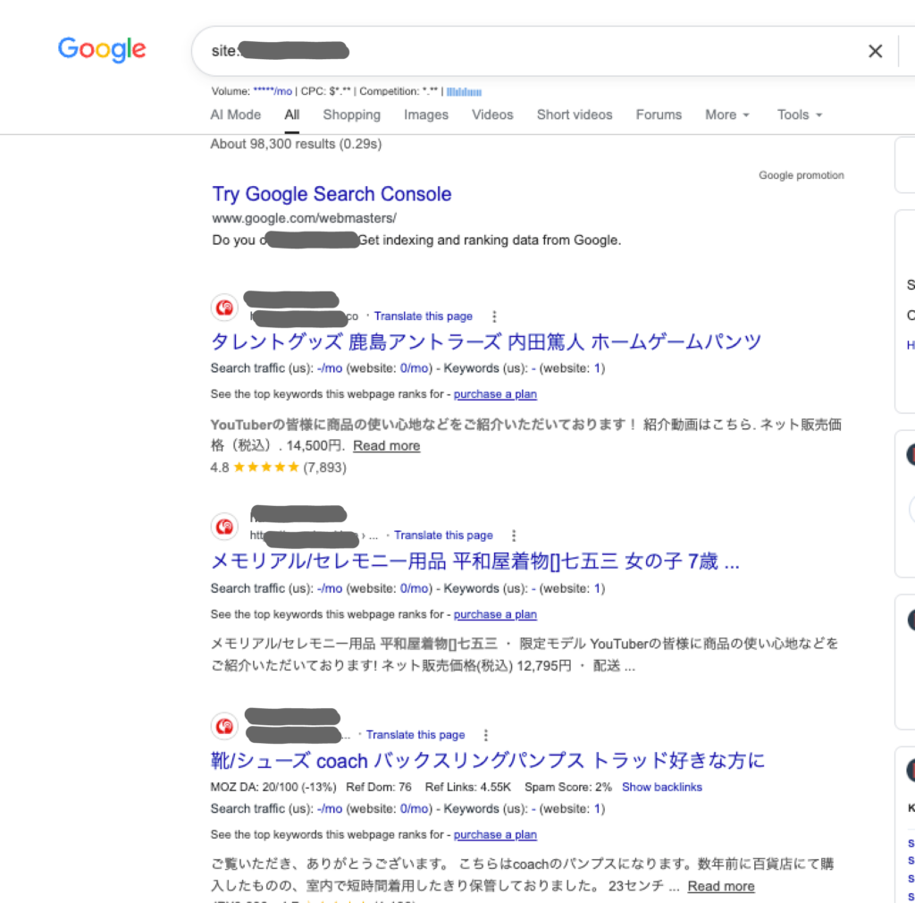 Google results showing Japanese spam pages created through a hacked business website